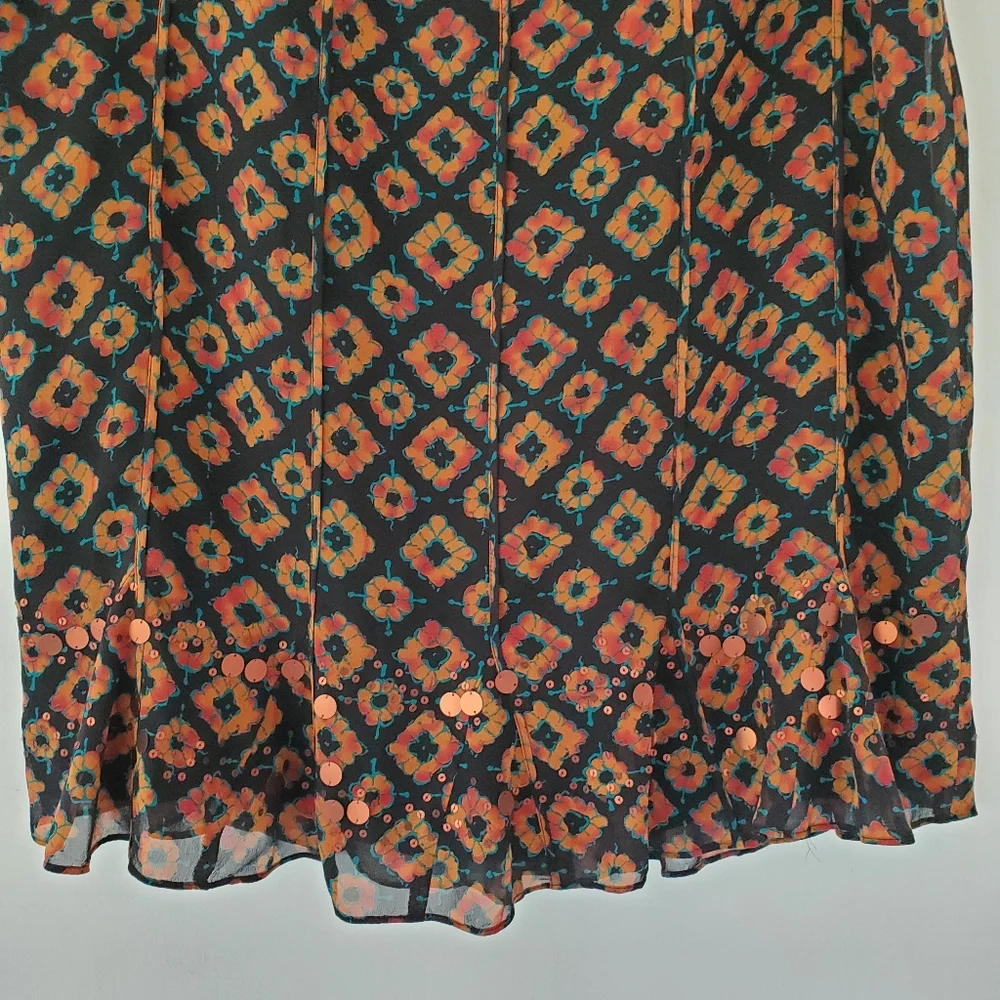 100% Silk Black Rust Print Skirt 12 Copper Sequins Ruffle Hem JONES NEW YORK EUC